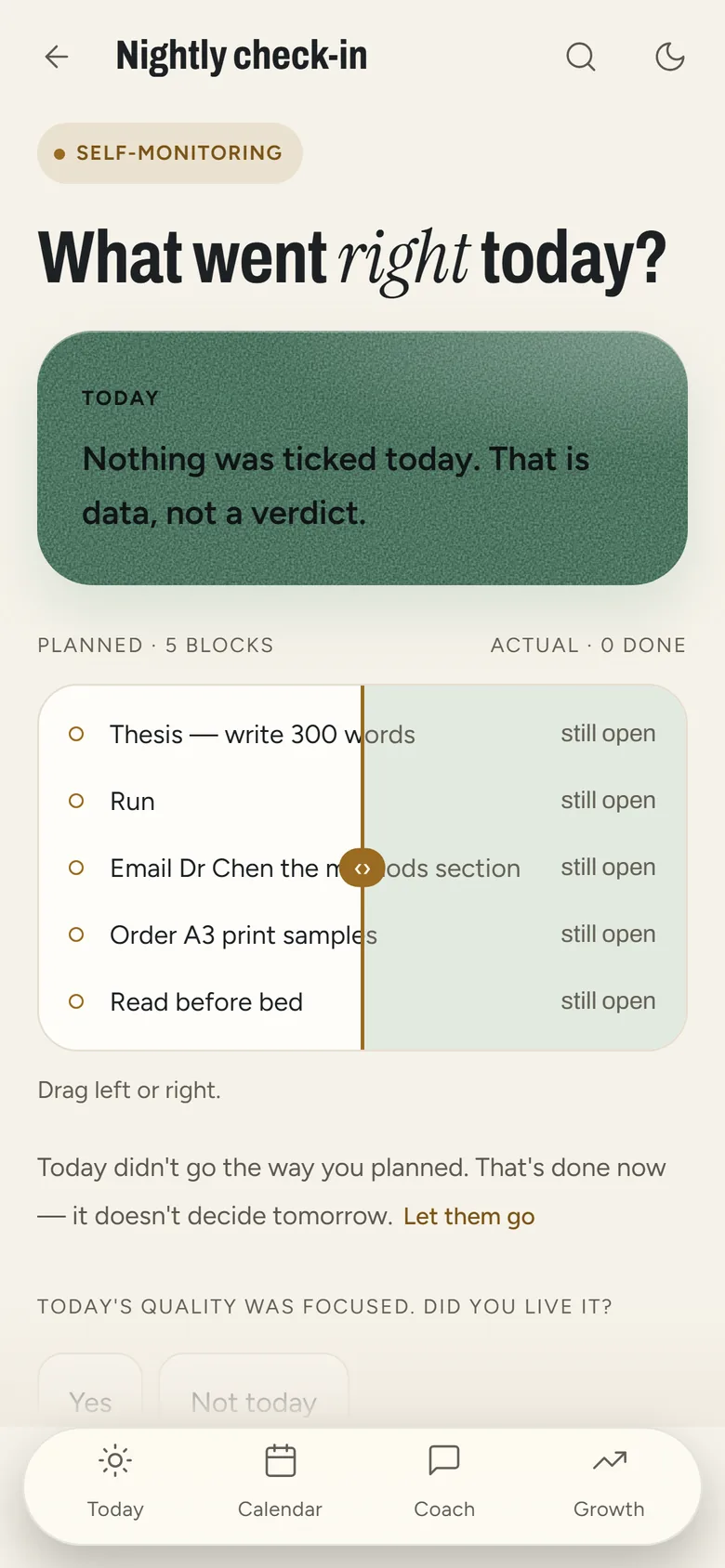 Maya's nightly check-in: what went right today, and her planned blocks beside what actually happened