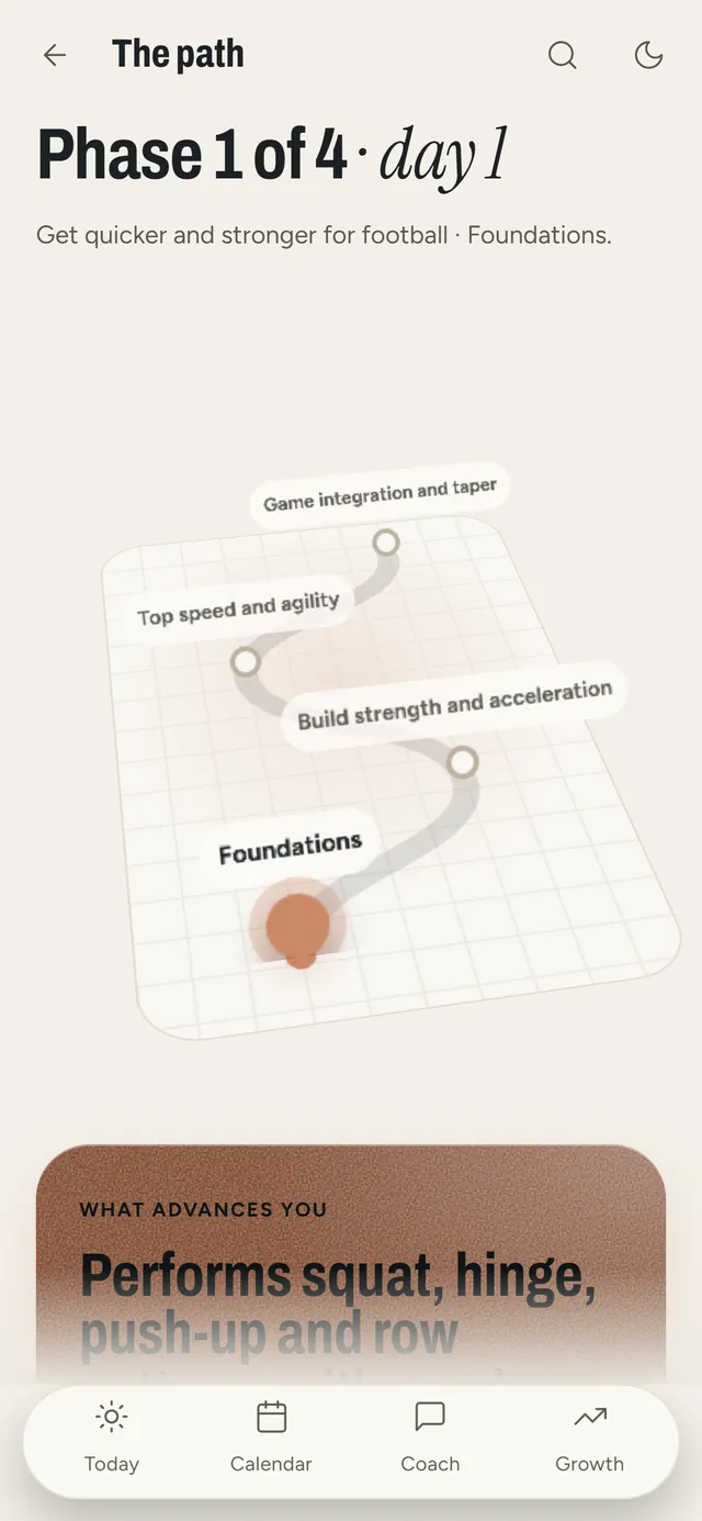 Yusuf's path on a phone: phase 1 of 4, Foundations, of getting quicker and stronger for football